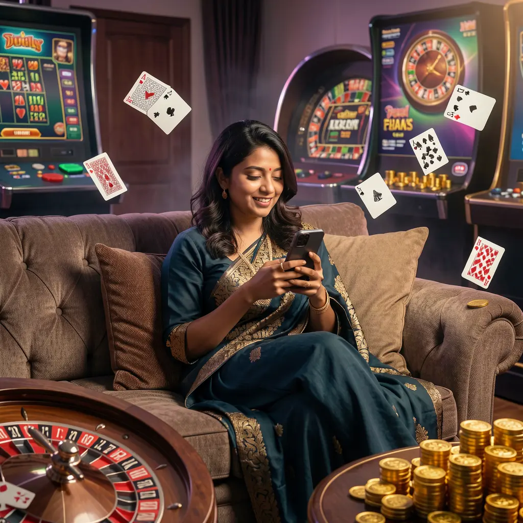 Elegant Bangladeshi woman relaxing on a sofa while using the 558HH casino app surrounded by glowing roulette wheels playing cards and golden coins