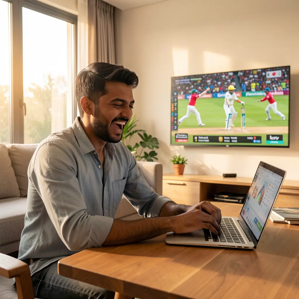 Experienced Bangladeshi bettor celebrating a winning moment while placing live sports bets on a laptop with 558HH during an intense cricket match