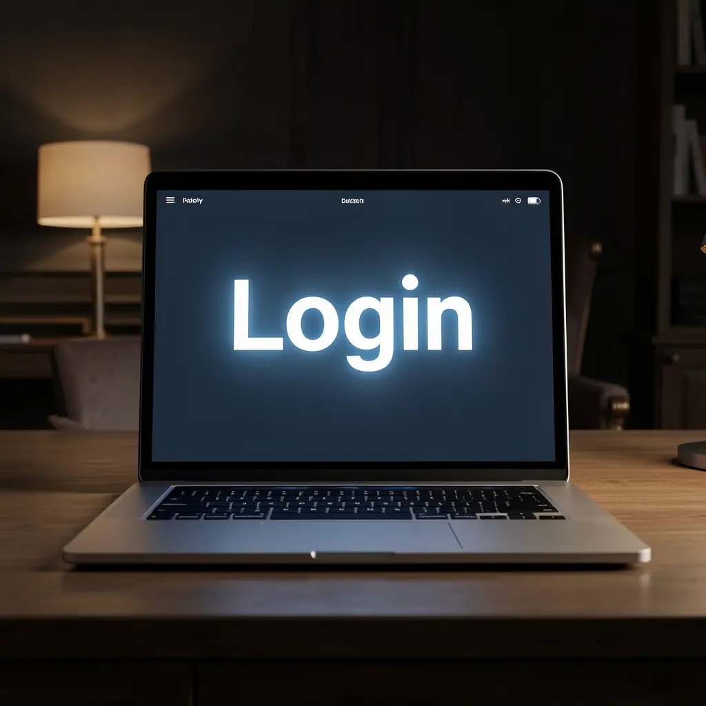 Modern laptop on a dark desk with a glowing login screen showing the secure sign in interface of 558HH casino platform for Bangladesh users