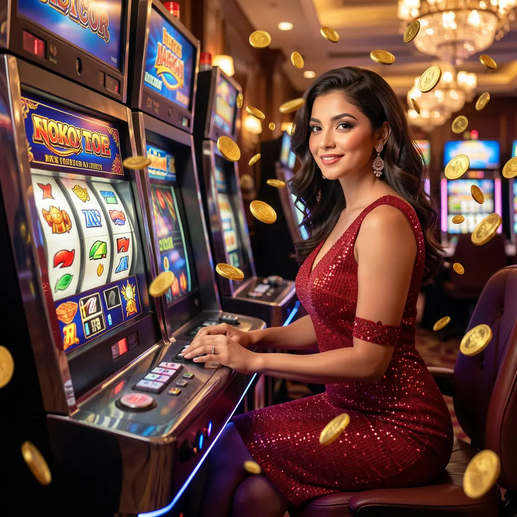 An elegant woman in a red dress enjoying vibrant slot machine gameplay with golden coins and casino lights at 558HH online casino in Bangladesh